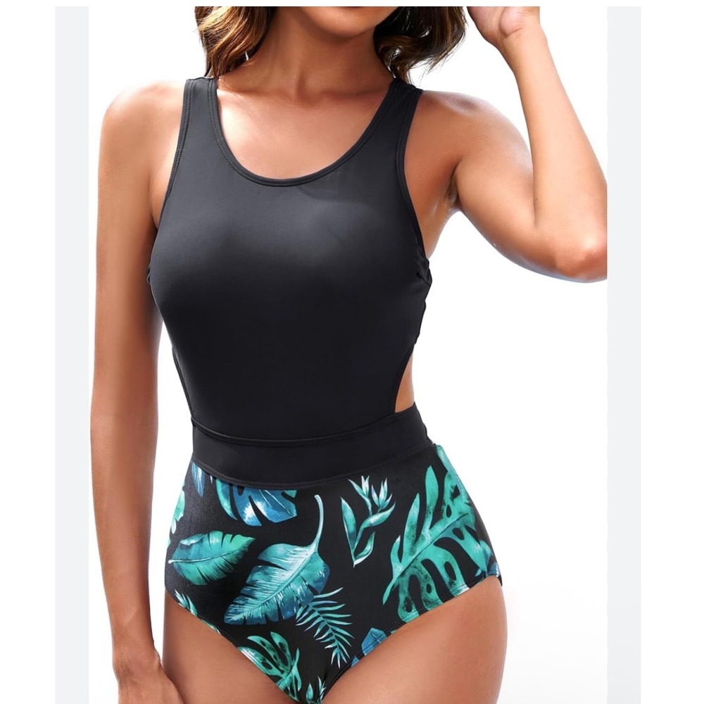 Tempt Me Black Tropical Leaf Print One Piece Swimsuit Women's Size‎ S